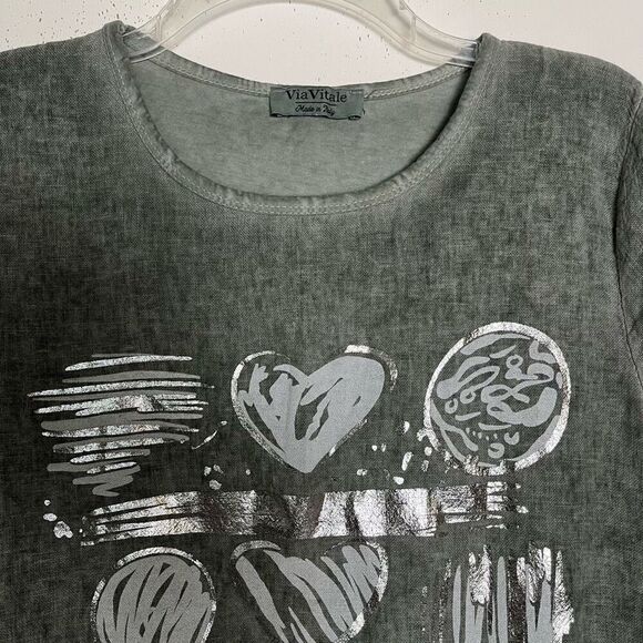 Via Vitale Cotton Linen Gauze Top Womens Small Eyelet Drawstring Hem Foil Hearts - Picture 2 of 11